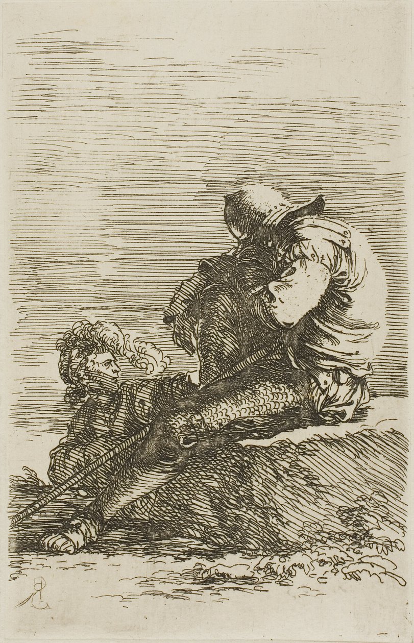 Due guerrieri, uno seduto e addormentato su una roccia in primo piano, dalla serie Figurine da Salvator Rosa