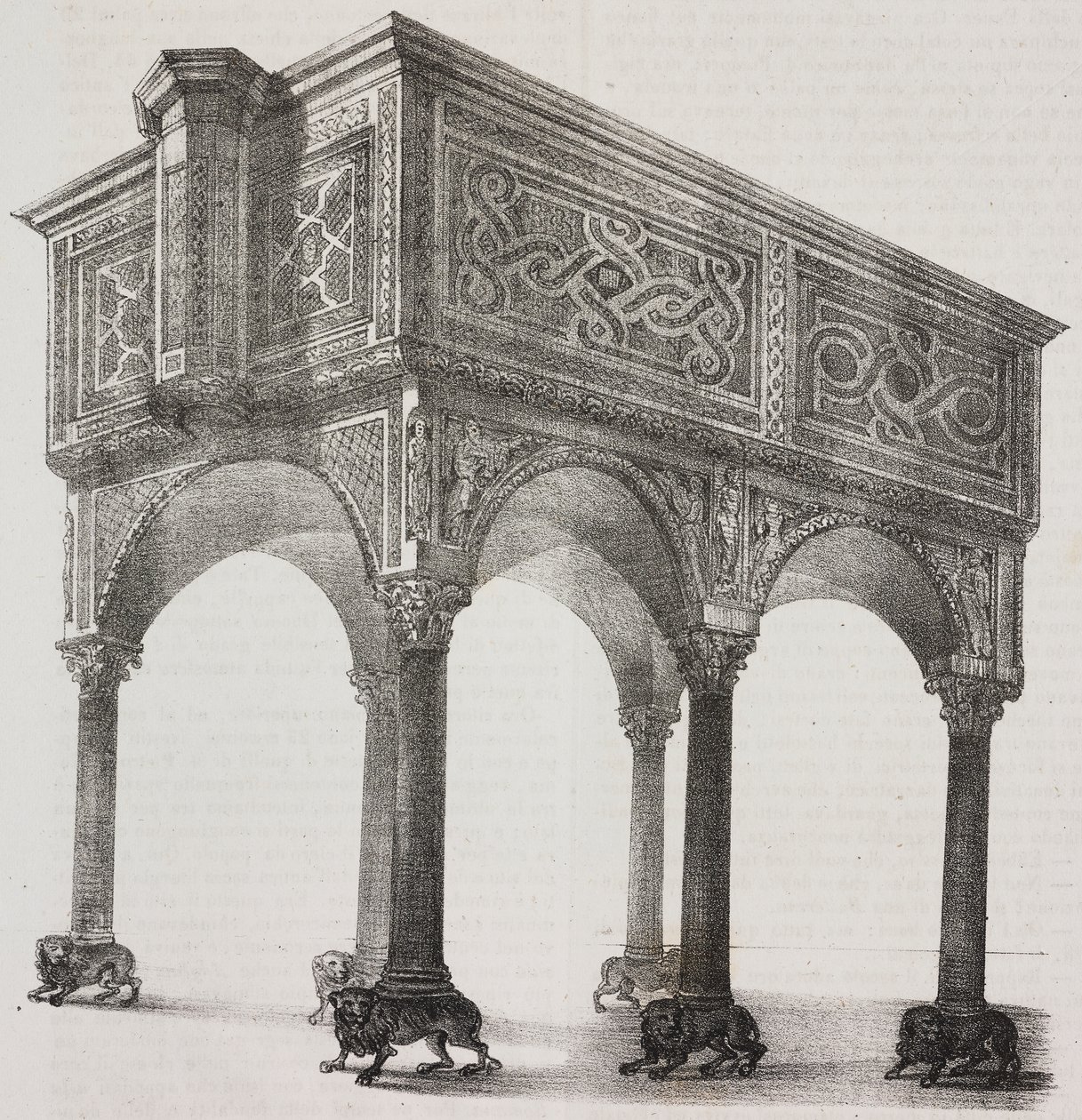 Antico ambone nella cattedrale di Sessa Aurunca, Campania, Italia, litografia di Salvatore Puglia da disegno di Pasquale Mattei (1813-1879) da Poliorama Pittoresco, n 43, 31 maggio da Salvatore Puglia