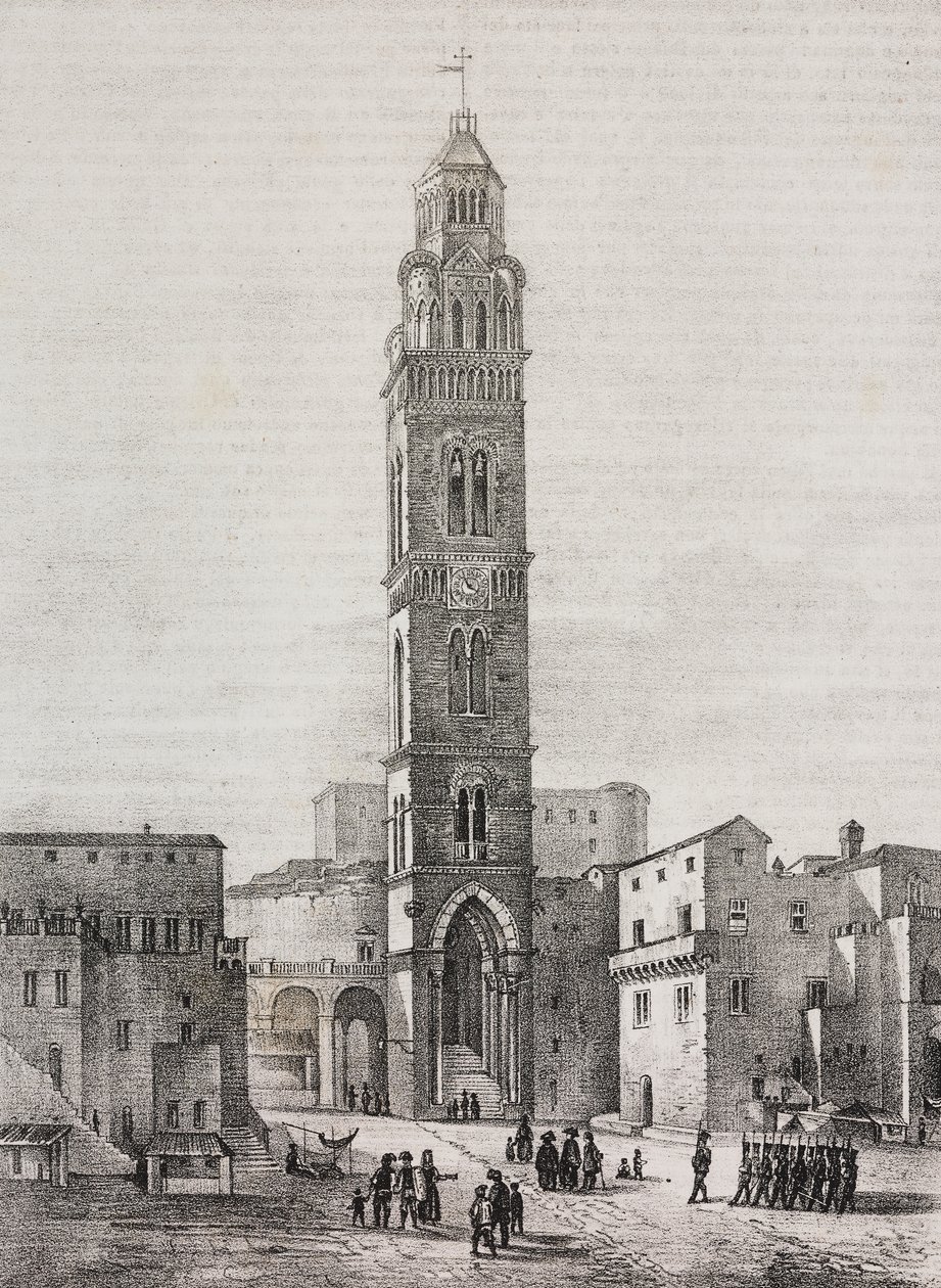 Campanile della cattedrale di Gaeta, Lazio, Italia, litografia di Salvatore Puglia da disegno di Pasquale Mattei (1813-1879), da Poliorama Pittoresco, n.48, 6 luglio da Salvatore Puglia