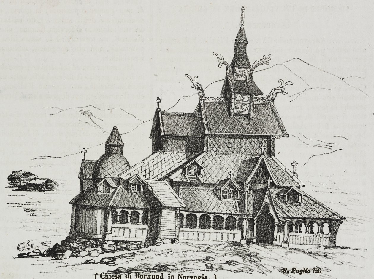 Chiesa di legno di Borgund, Norvegia, litografia di Salvatore Puglia da Poliorama Pittoresco, n 40, 14 maggio da Salvatore Puglia