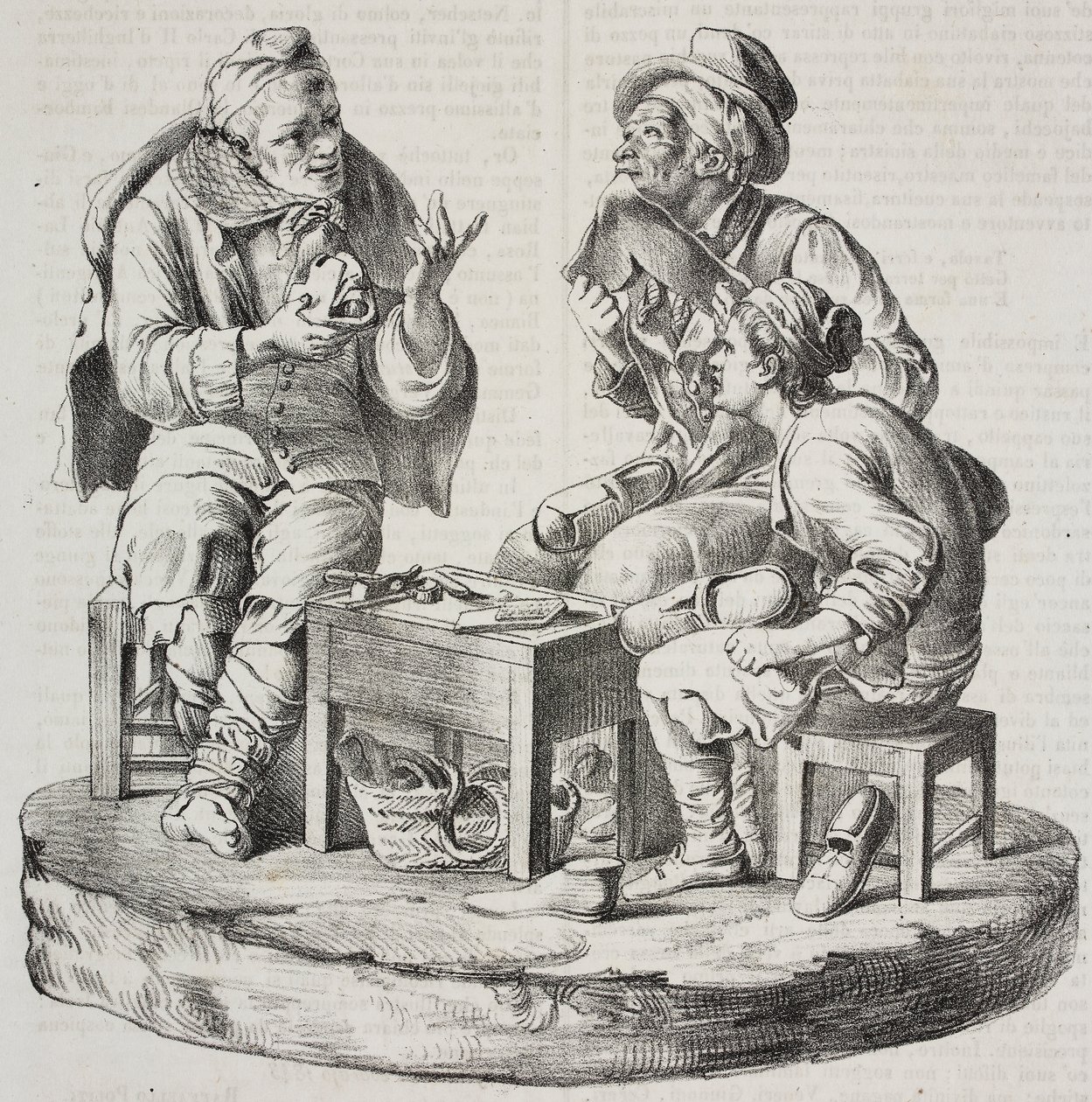 Calzolaio in disputa, statuette di Giacomo Bongiovanni e Giuseppe Vaccaro, litografia di Salvatore Puglia da Poliorama Pittoresco, n 32, 18 marzo da Salvatore Puglia