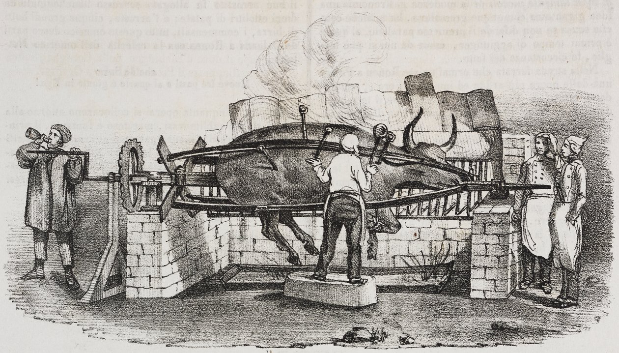 Arrosto colossale, litografia di Salvatore Puglia da Poliorama Pittoresco, n. 4, 2 settembre da Salvatore Puglia