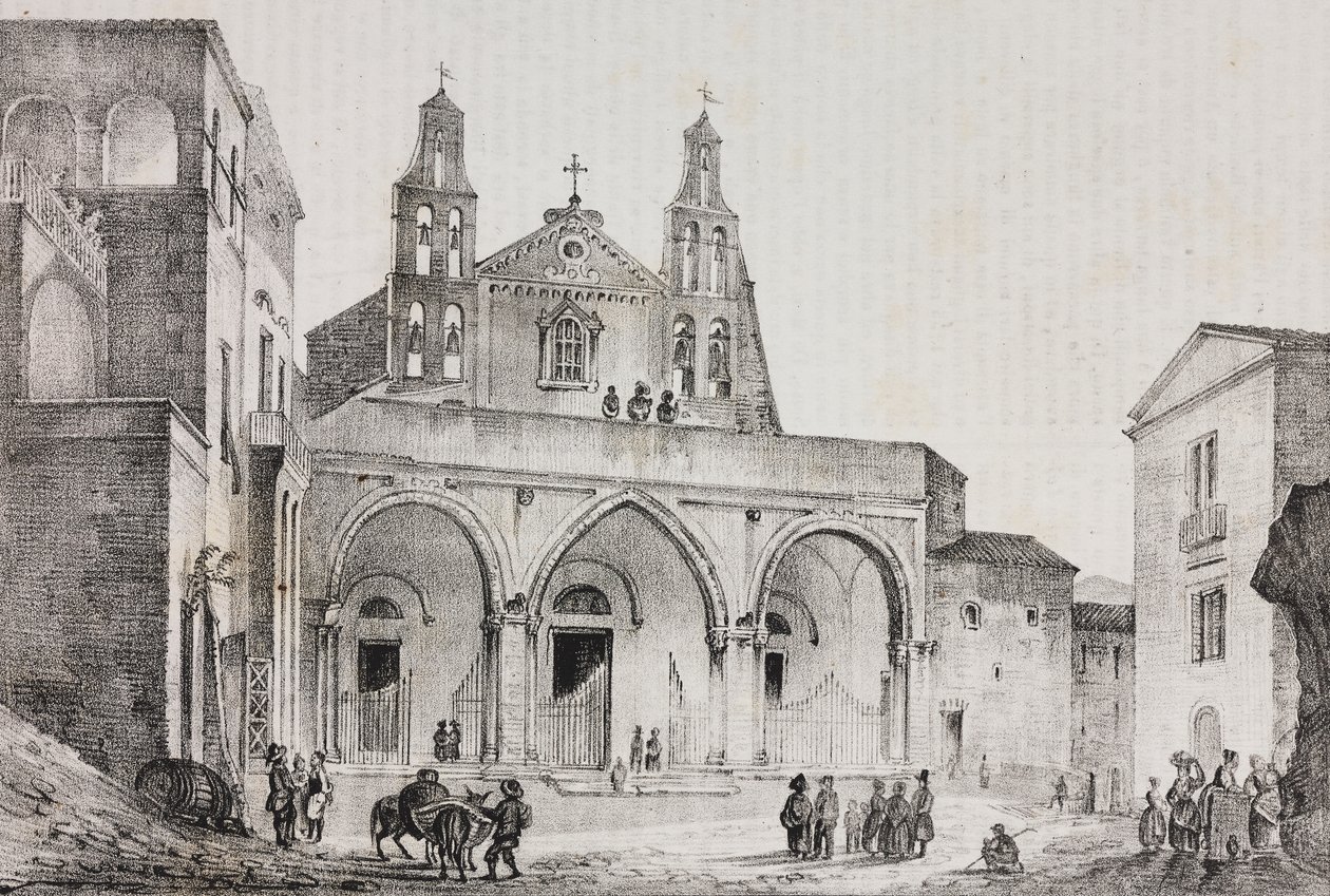 Facciata della cattedrale di Sessa Aurunca, Campania, Italia, litografia di Salvatore Puglia da disegno di Pasquale Mattei da Poliorama Pittoresco, n. 42, 24 maggio da Salvatore Puglia