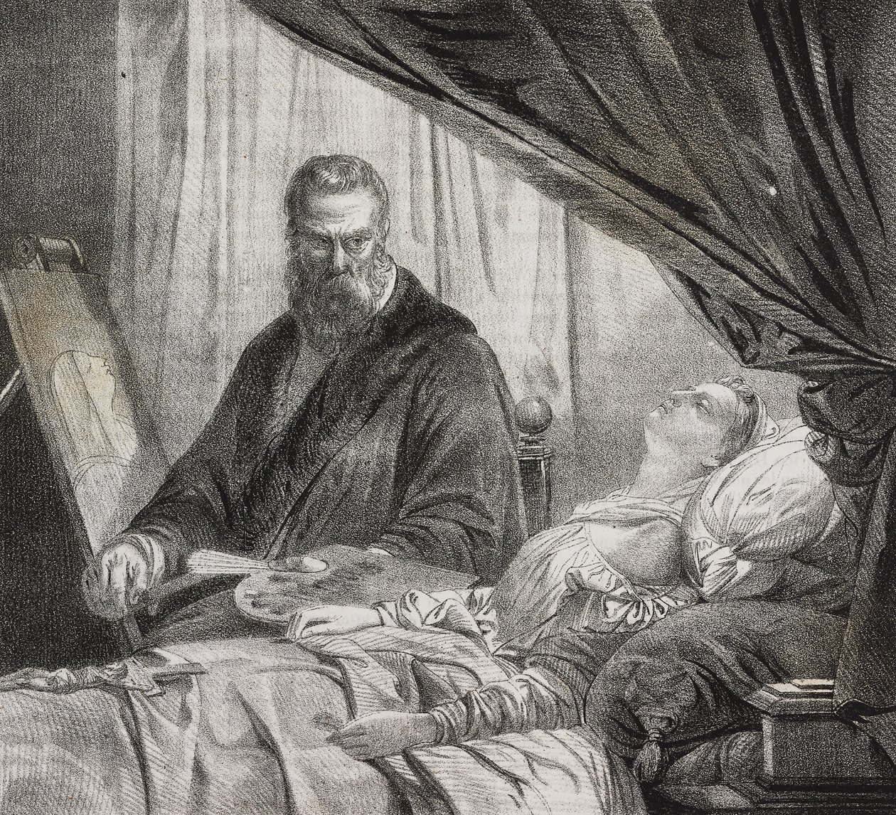 Tintoretto che dipinge la figlia morta, litografia di Salvatore Puglia da Poliorama Pittoresco, n. 27, 10 febbraio da Salvatore Puglia