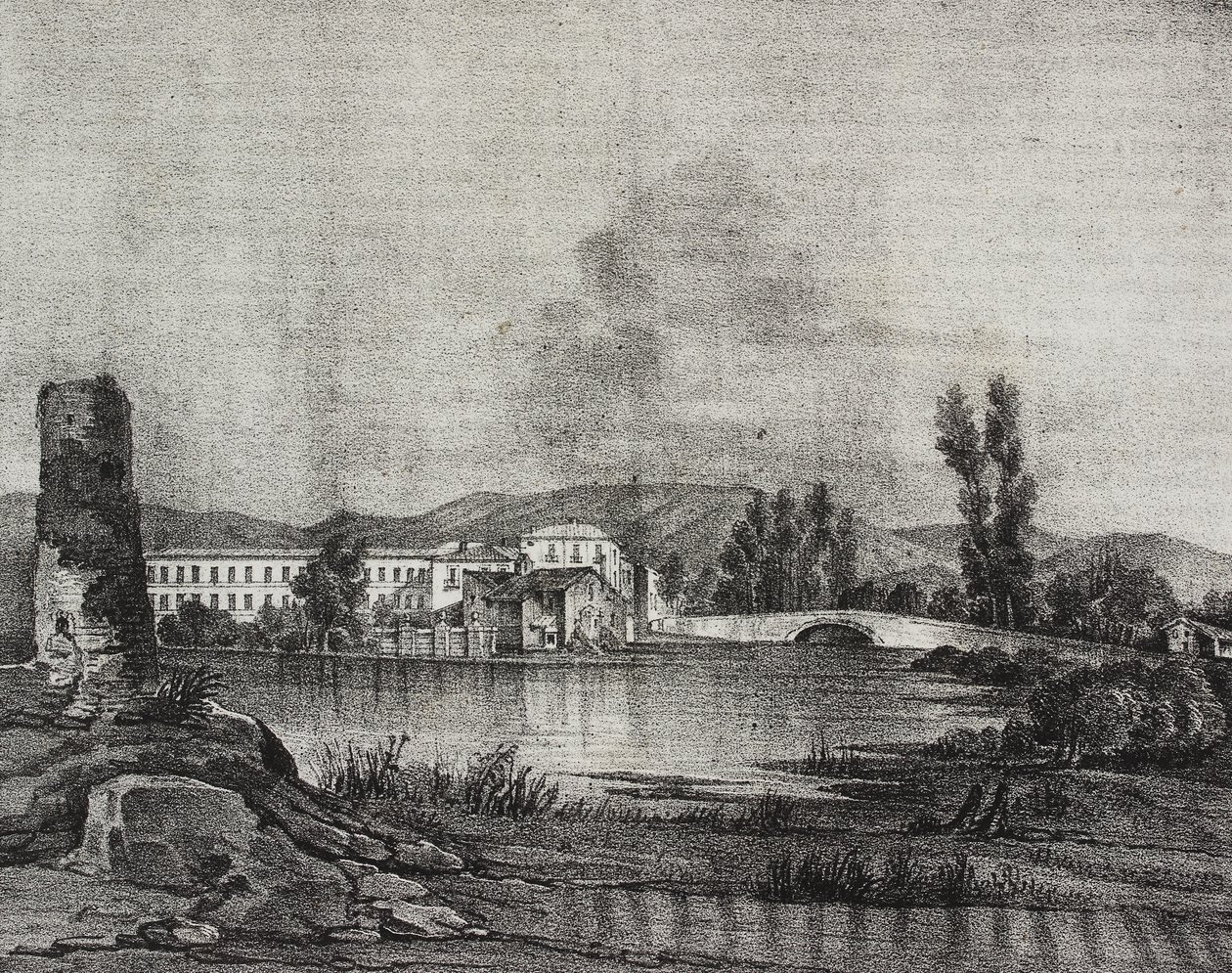 Veduta della fabbrica e chiesa di Santa Restituta sulle rive del fiume Fibreno a Cornello, Lazio, Italia, da Poliorama Pittoresco, n. 16, 26 novembre da Salvatore Puglia