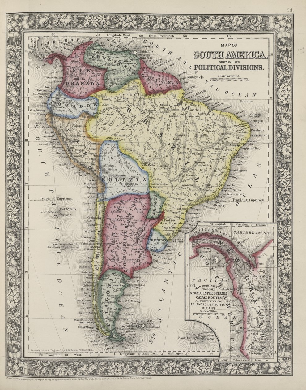 Mappa del Sud America che mostra le sue divisioni politiche dal nuovo atlante generale di Mitchell, 1863 da Samuel Augustus Mitchell