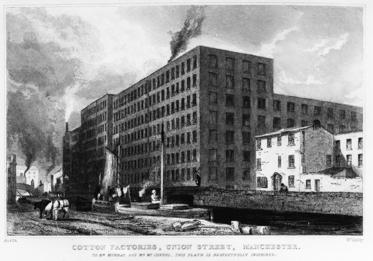 Fabbriche di cotone, Union Street, Manchester, inciso da John McGahey, 1829 da Samuel Austin