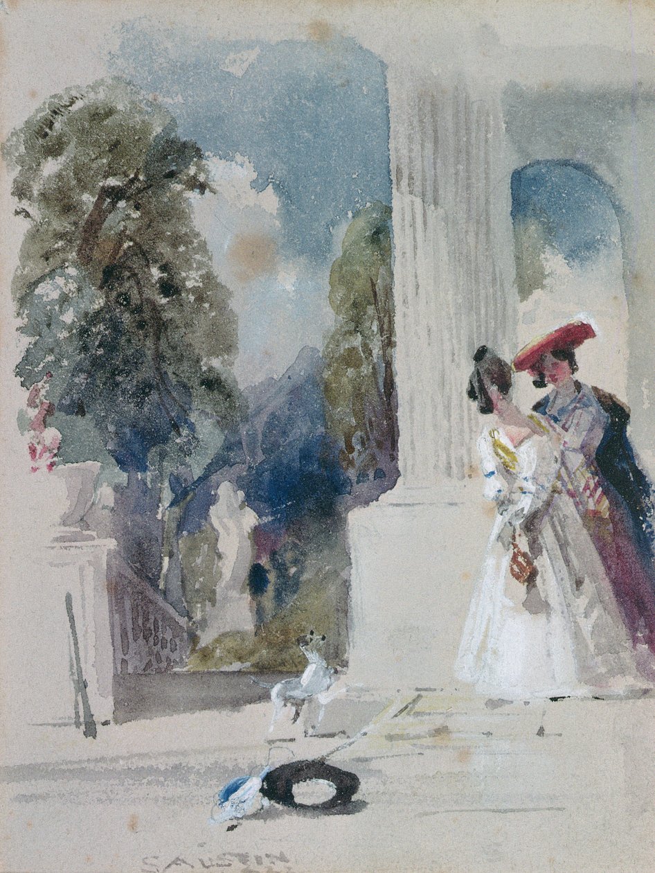 Due signore accanto a un portico con colonne da Samuel Austin