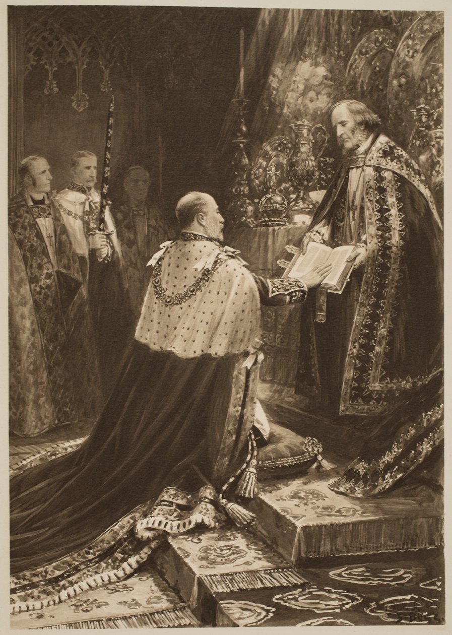 La cerimonia di incoronazione del 1902: la posizione di re Edoardo VII al giuramento, da 