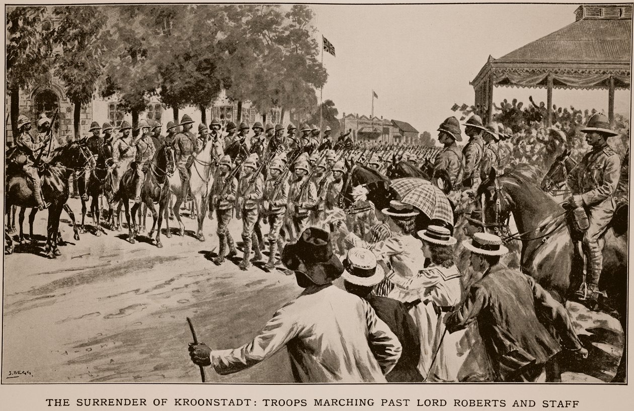 La resa di Kroonstadt: Truppe che marciano davanti a Lord Roberts e al suo staff, da uno schizzo di Melton Prior da Samuel Begg