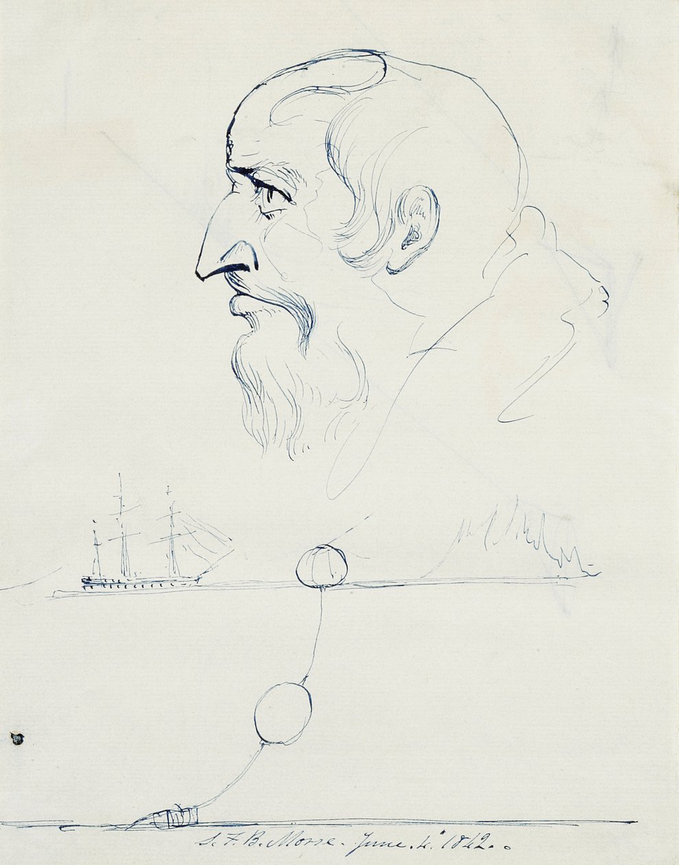 Profilo di un uomo barbuto e progetto per il cavo atlantico, 1842 da Samuel Finley Breese Morse