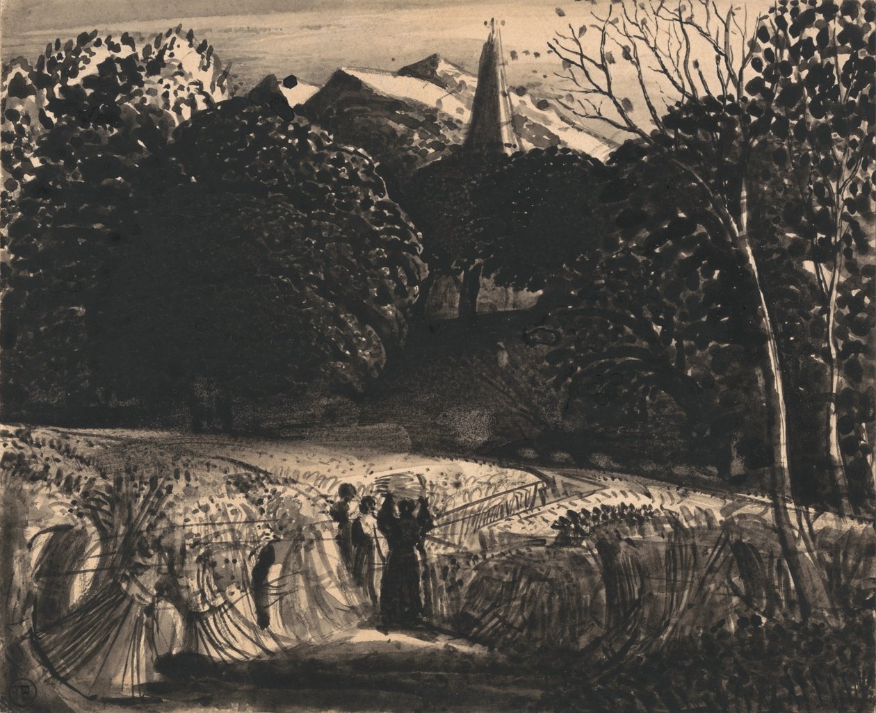 Campo di grano e chiesa al chiaro di luna da Samuel Palmer