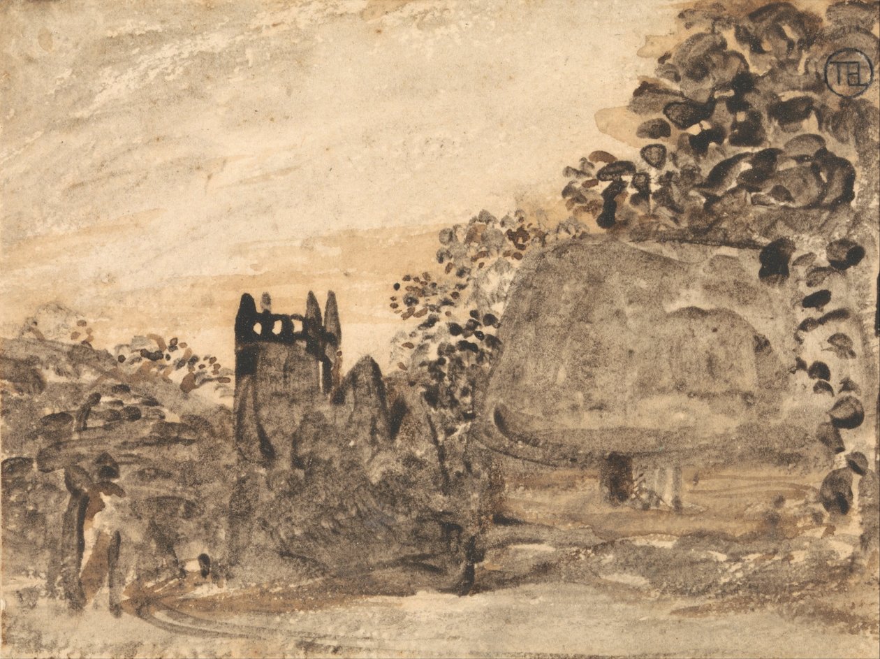 Cottage con tetto di paglia e chiesa da Samuel Palmer