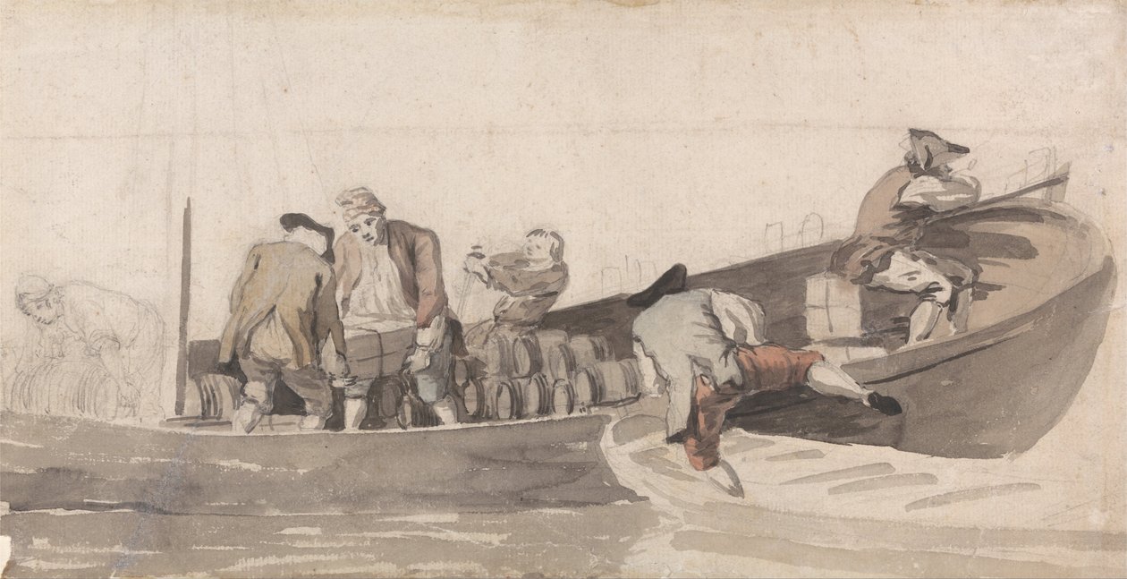Uomini che caricano una barca con barili da Samuel Scott