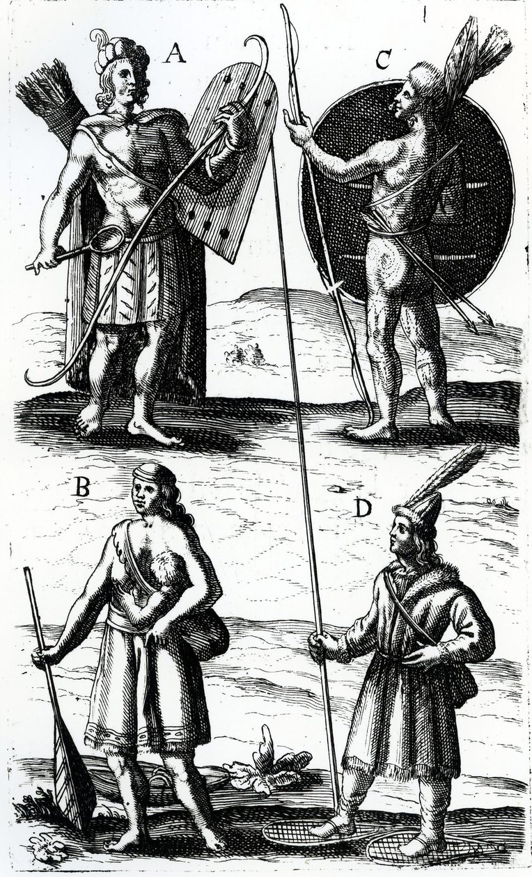 Illustrazioni del vestito Algonchino, incisione da Voyages of Sieur de Champlain di Samuel de Champlain (ca 1574-1635), XVII secolo da Samuel de Champlain