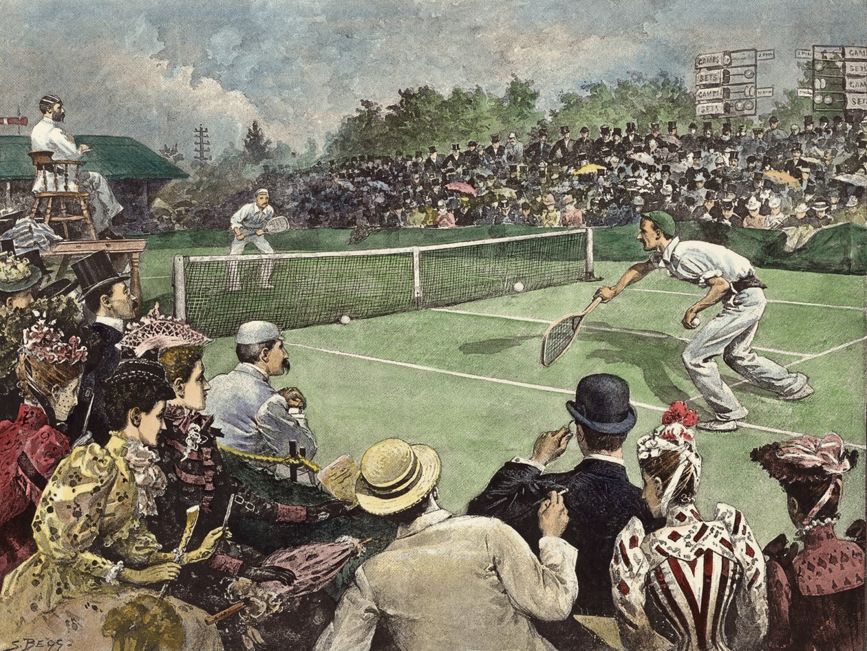 Il campionato di tennis su prato a Wimbledon 1891, i signori W Baddeley e J Pim in gara per le finali (incisione a colori) da Samuel (after) Begg