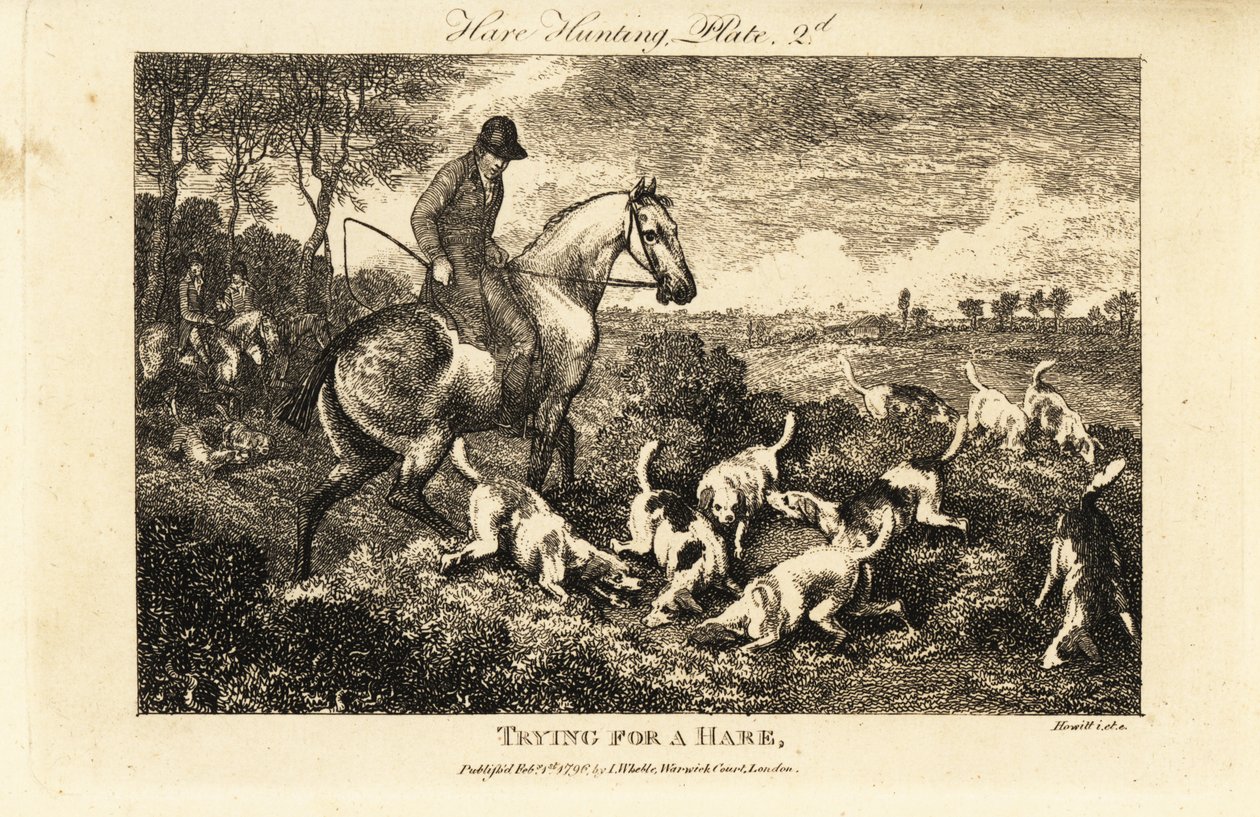 Cacciatore a cavallo che osserva un branco di cani scavare per le lepri da Samuel (after) Howitt