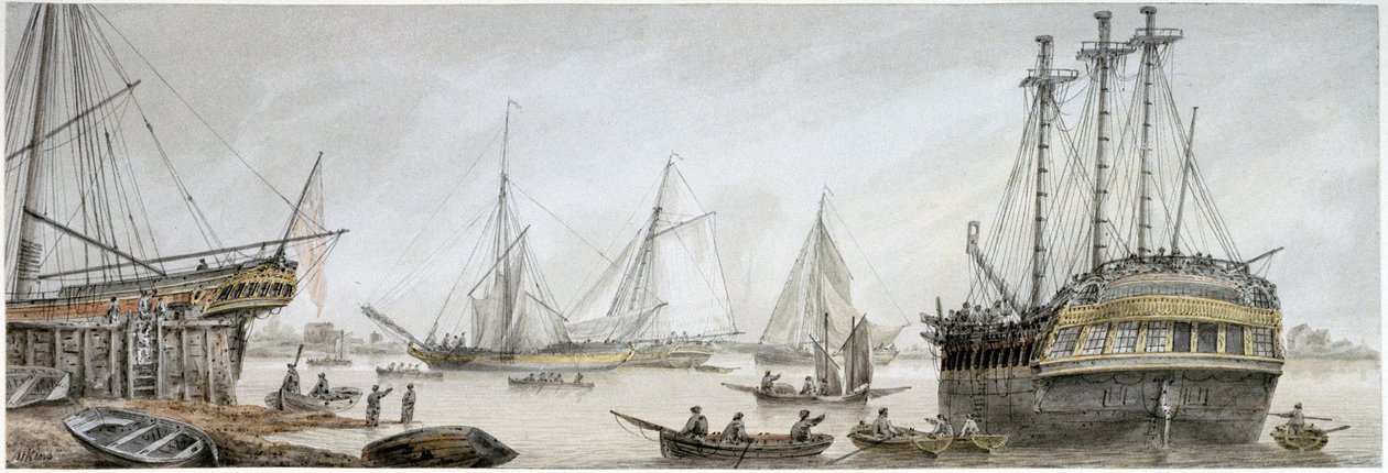 Una nave indiana in riparazione sul Tamigi, con una descrizione delle attività ordinarie dei cantieri navali reali a Deptford da Samuel Atkins