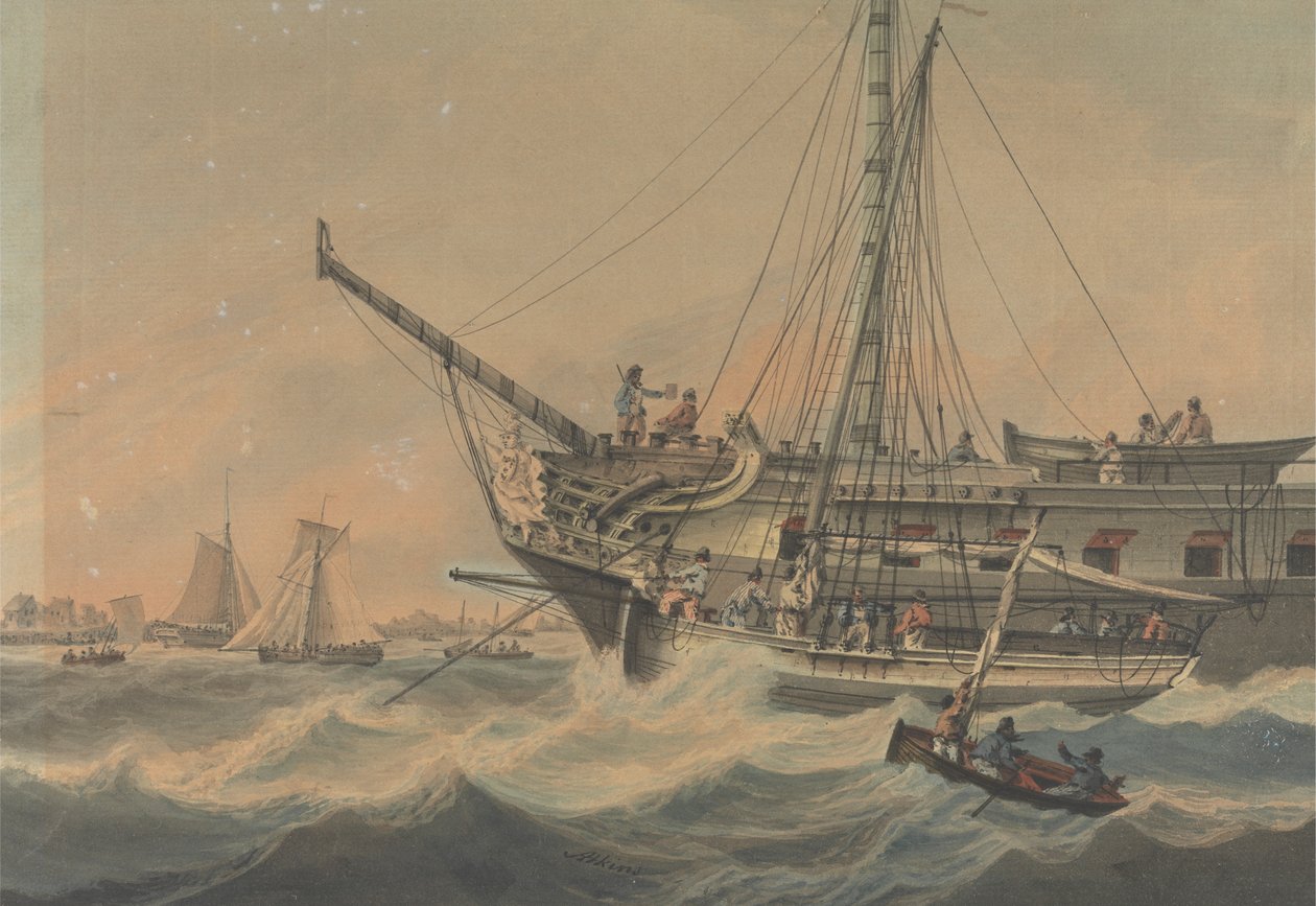 Nave da guerra e navi al largo della costa da Samuel Atkins