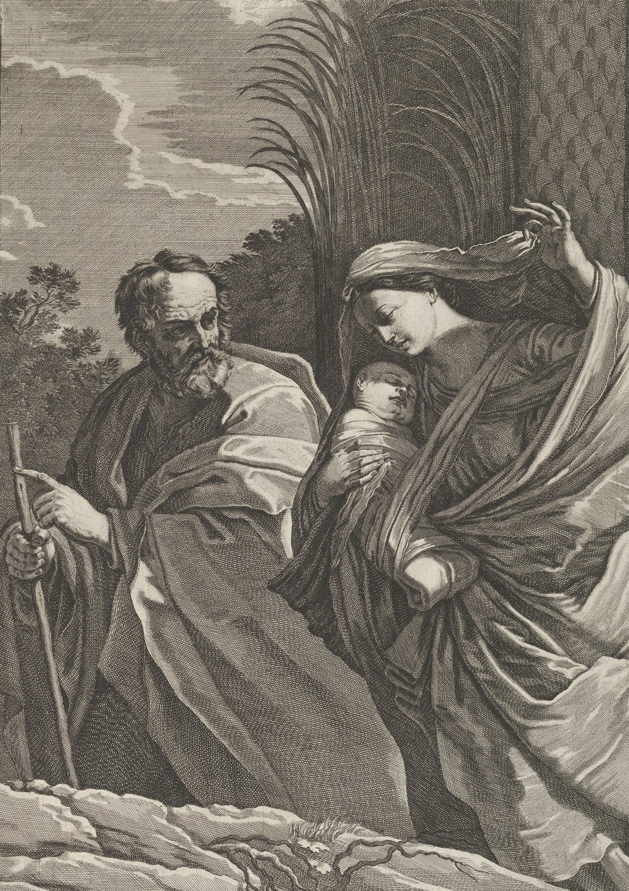 La fuga in Egitto, la Vergine che porta il bambino Gesù, Giuseppe che indica, ca. 1635-57 da Samuel Bernard