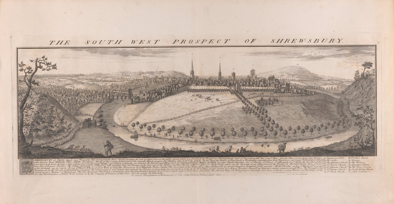Prospetto sud-ovest di Shrewsbury, Shropshire da Samuel Buck