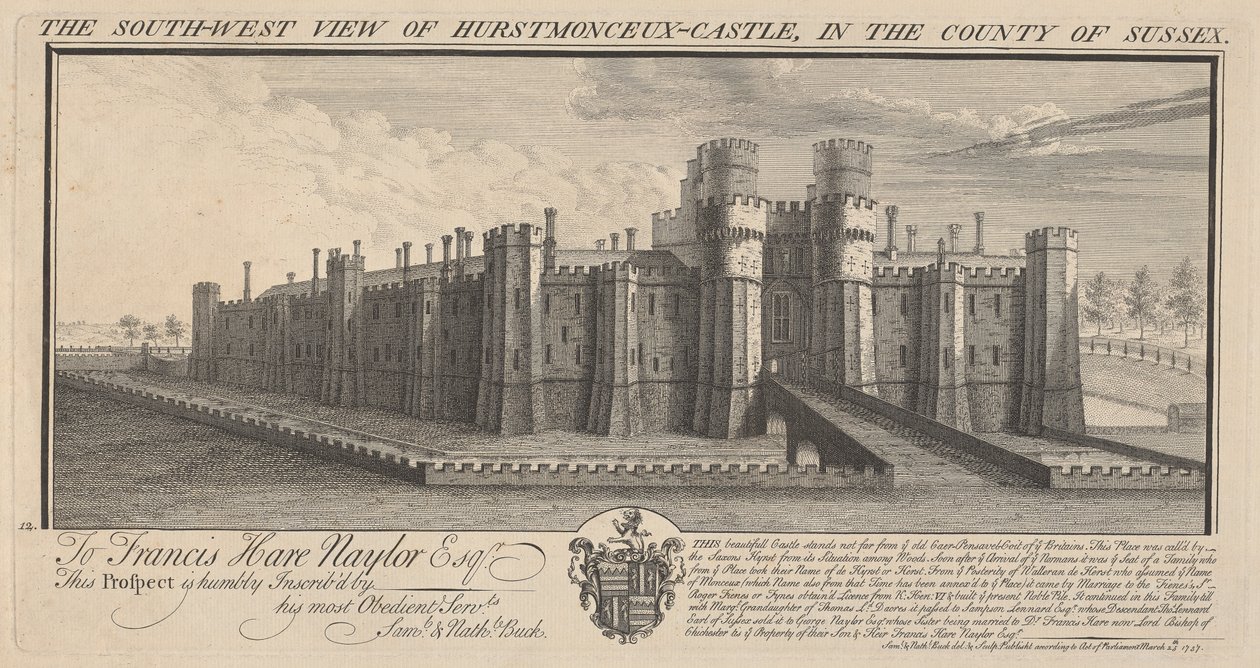 La vista sud-ovest del castello di Hertsmonceux nella contea di Sussex da Samuel Buck