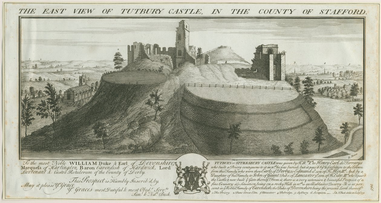 Castello di Tutbury - Vista Est (incisione) da Samuel Buck