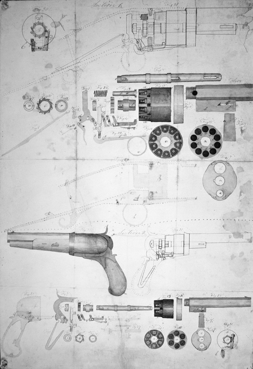 Piani originali per un revolver a dieci camere che divenne poi il sei camere brevettato nel 1836, c.1830 da Samuel Colt