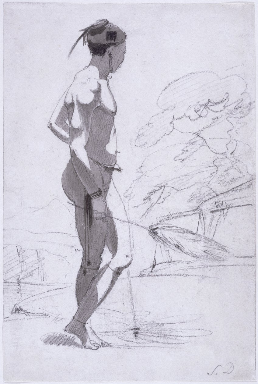 Uomo Tswana che tiene un ventaglio di piume di struzzo in un paesaggio, c.1802 da Samuel Daniell