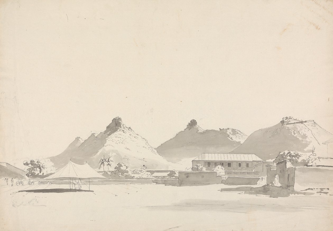 Accampamento militare con forti sulle colline dietro da Samuel Davis