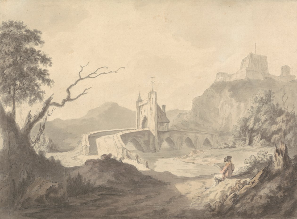 Scena Fluviale e Ponte con Artista che Disegna in Primo Piano da Samuel Davis