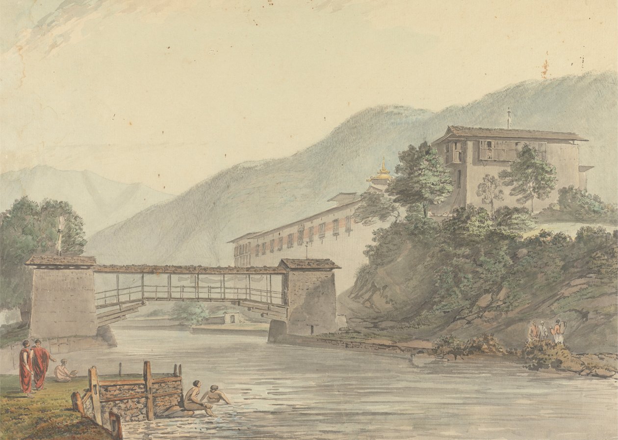 Vista di Tashichoedzong, Bhutan e ponte pedonale da Samuel Davis