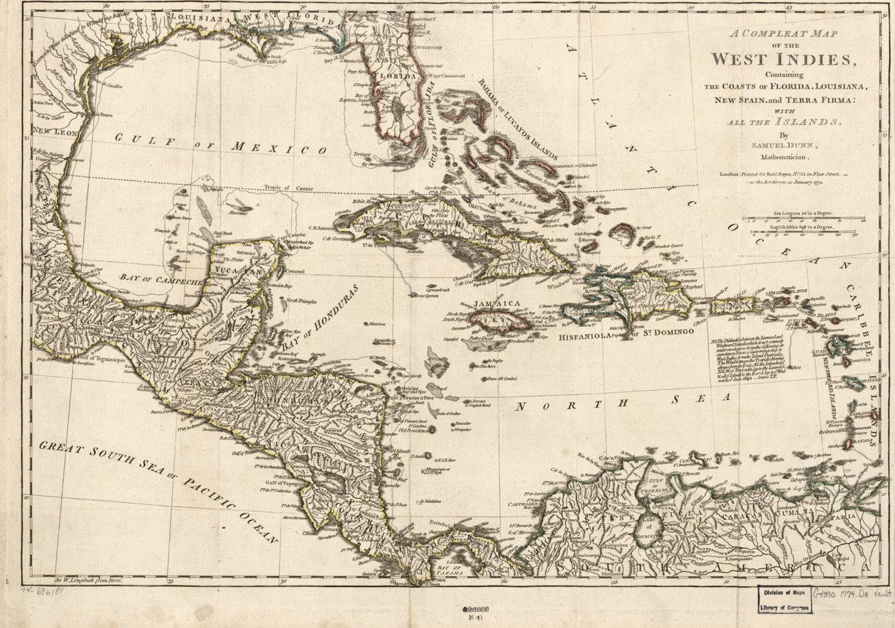 Carta completa delle Indie Occidentali contenente le coste della Florida, della Louisiana, della Nuova Spagna e della Terra Firma: Con tutte le isole. da Samuel Dunn