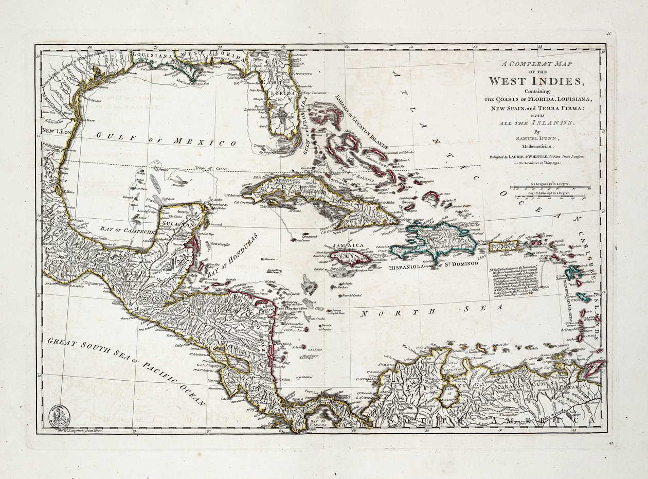 Mappa completa delle Indie Occidentali contenente le coste della Florida, Louisiana, Nuova Spagna e Terra Firma con tutte le isole da Samuel Dunn