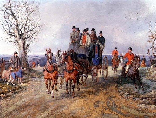 Una carrozza e quattro cavalli sulla strada aperta da Samuel Henry Alken
