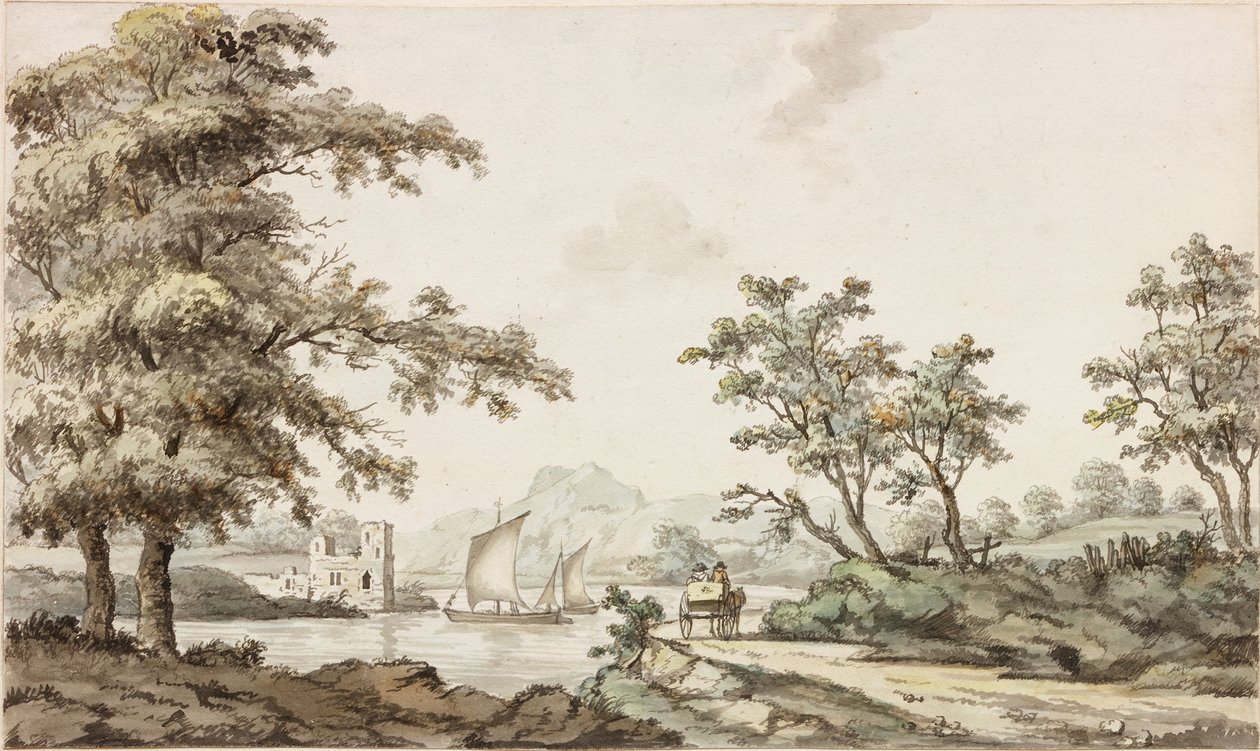 Un fiume con barche a vela e un cavallo con carro da Samuel Henry Alken