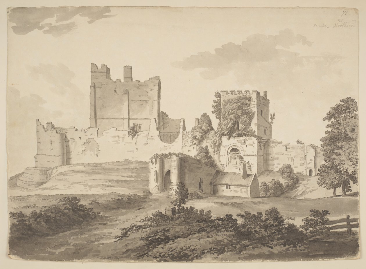 Veduta a inchiostro di china del castello di Prudhoe, nella parrocchia di Ovingham (inchiostro di china su carta) da Samuel Hieronymous Grimm
