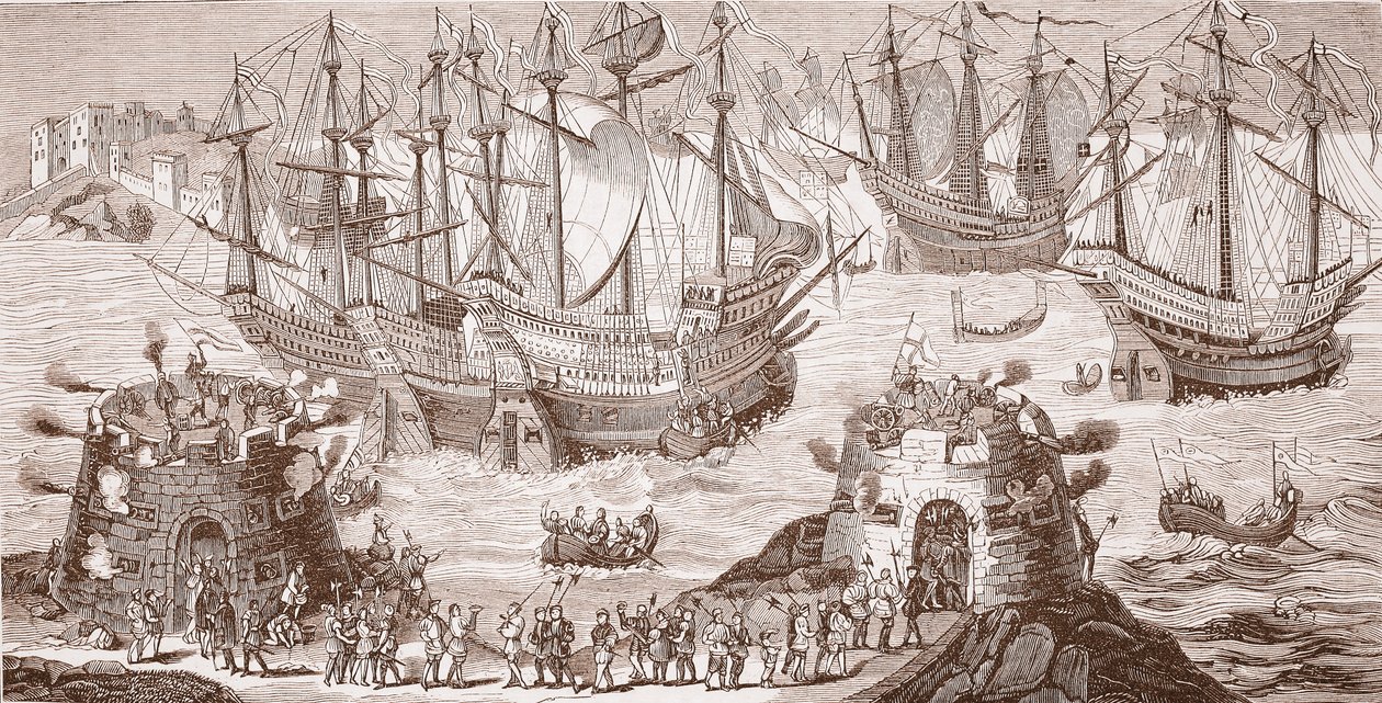 Enrico VIII che si imbarca a Dover, dalla grande stampa pubblicata dalla Royal Society of Antiquities da Samuel Hieronymous Grimm