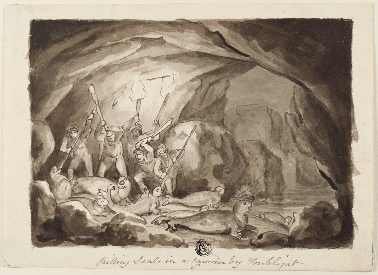Uccisione di foche in una caverna alla luce delle torce (recto); schizzo di cacciatori e tavola (verso) da Samuel Howett