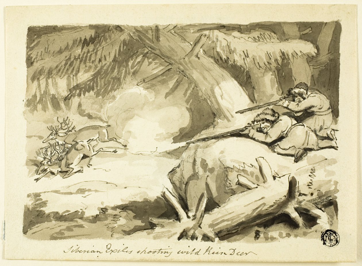 Esiliati siberiani che sparano a renne selvatiche (recto); Conchiglia (verso) da Samuel Howett