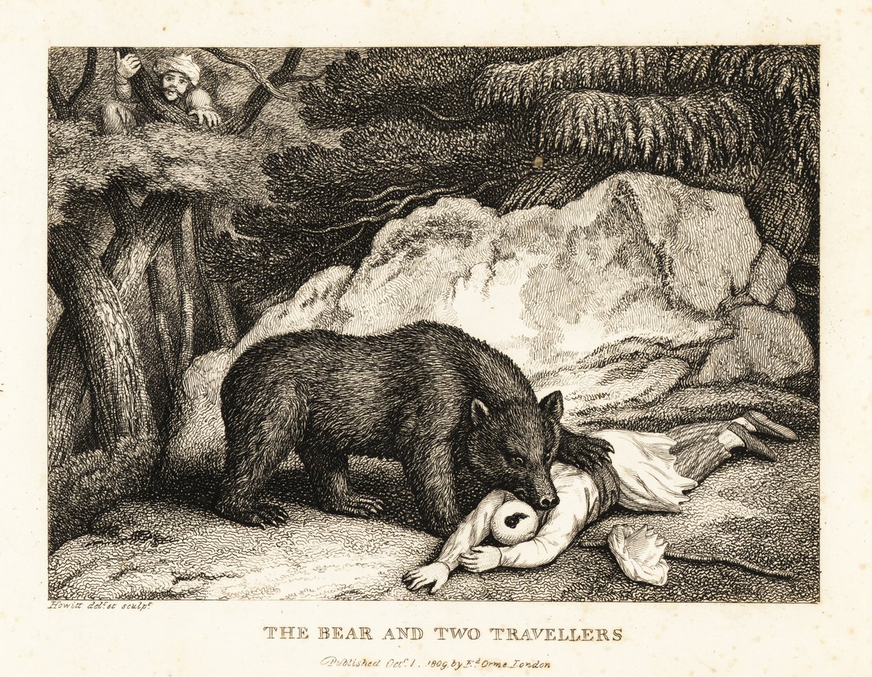 Un viaggiatore con turbante finge di essere morto mentre viene attaccato da un orso. 1811 (acquaforte) da Samuel Howitt
