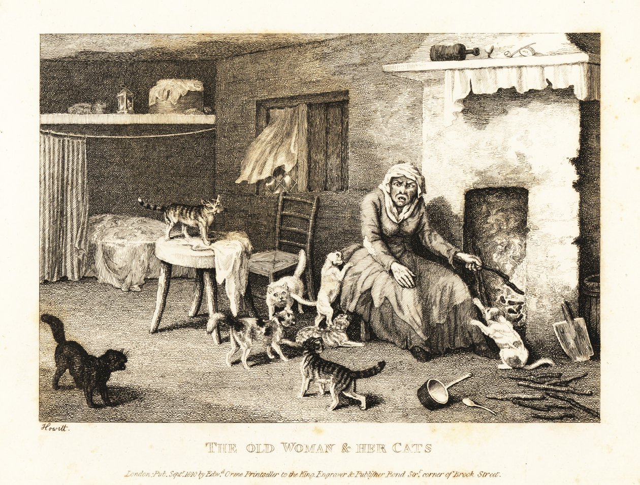 Vecchia strega seduta al focolare in una capanna circondata da gatti. 1811 (acquaforte) da Samuel Howitt