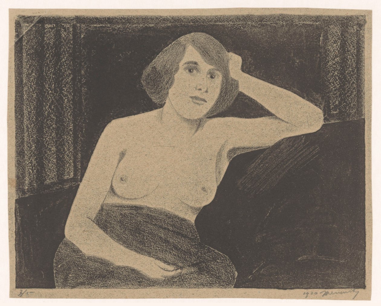 Nudo femminile seduto su una panca, con la mano sulla testa da Samuel Jessurun de Mesquita (signed by artist)