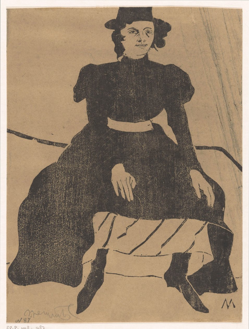 Donna seduta con cappello e vestito nero, mani sulle ginocchia da Samuel Jessurun de Mesquita (signed by artist)