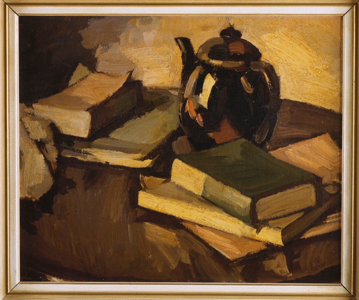 Natura morta con teiera e libri su un tavolo, c.1926 da Samuel John Peploe