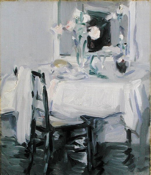Interno con rose in un vaso su un tavolo da Samuel John Peploe