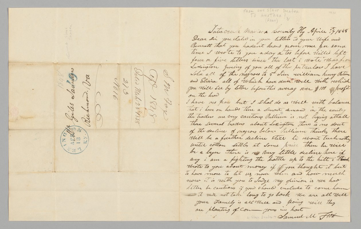 Lettera a Giles Saunders da Samuel M. Fox riguardante il commercio degli schiavi, 17 aprile 1848 da Samuel M. Fox