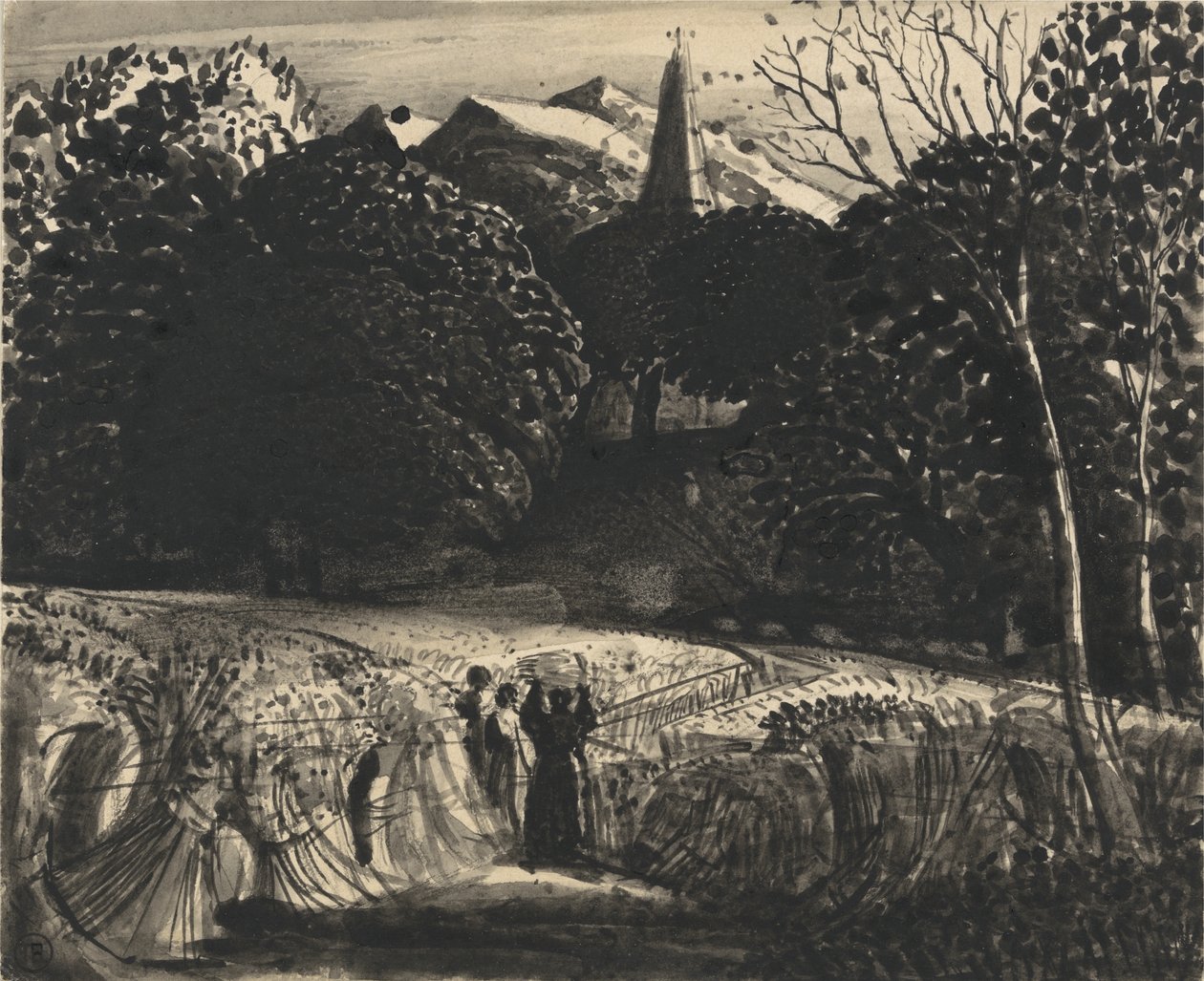 Campo di grano e chiesa al chiaro di luna da Samuel Palmer