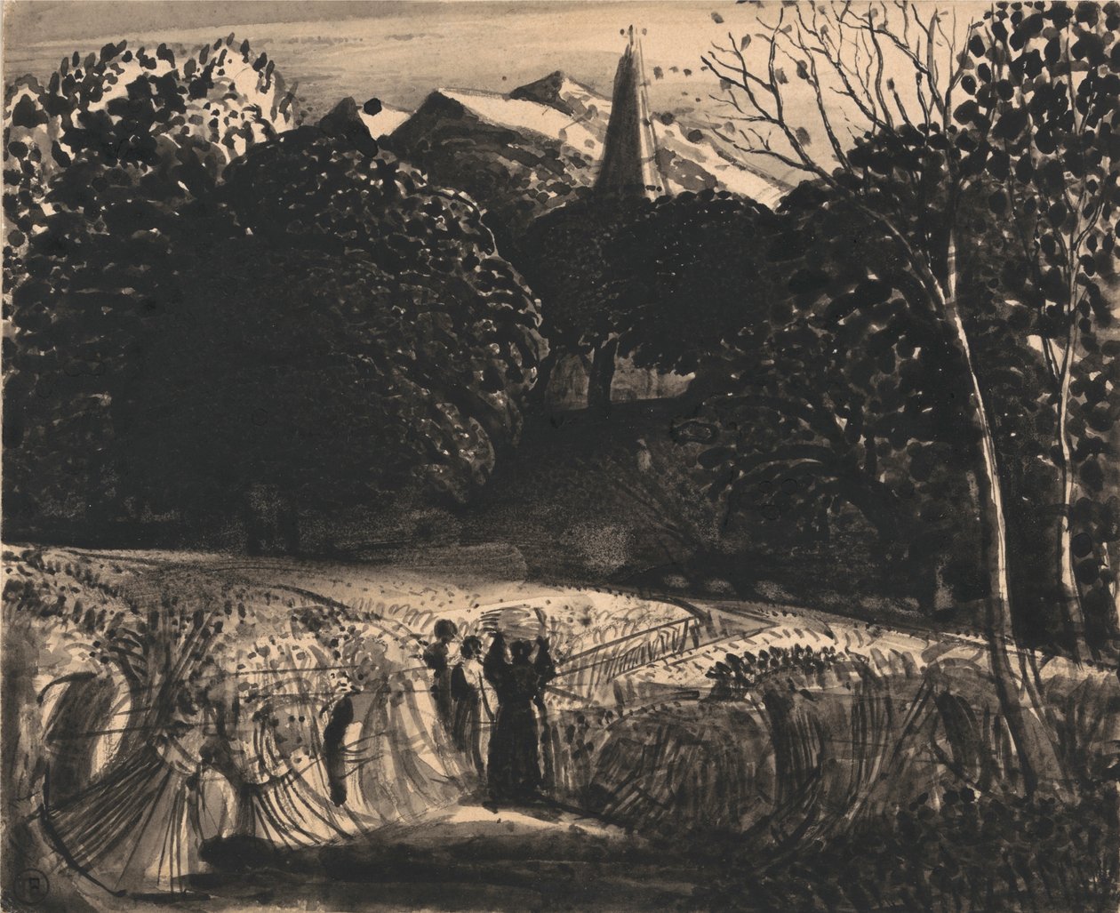 Campo di grano e chiesa al chiaro di luna da Samuel Palmer