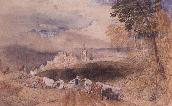 Paesaggio collinare con contadini che arano da Samuel Palmer